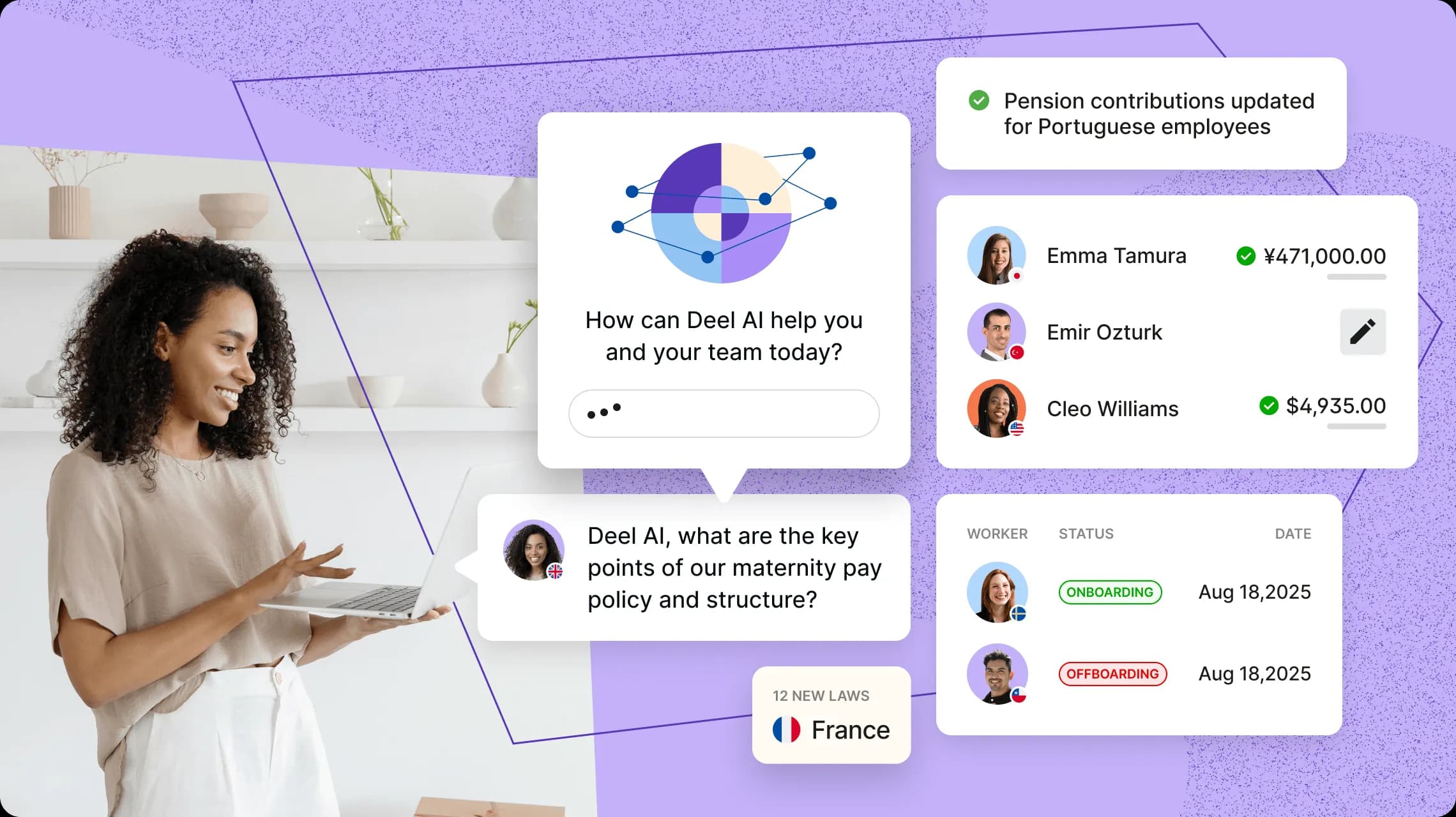 Person using using Deel’s AI-powered HR platform on her laptop, with digital overlays displaying payroll updates, pension contributions, compliance alerts, and onboarding/offboarding statuses for employees in multiple countries