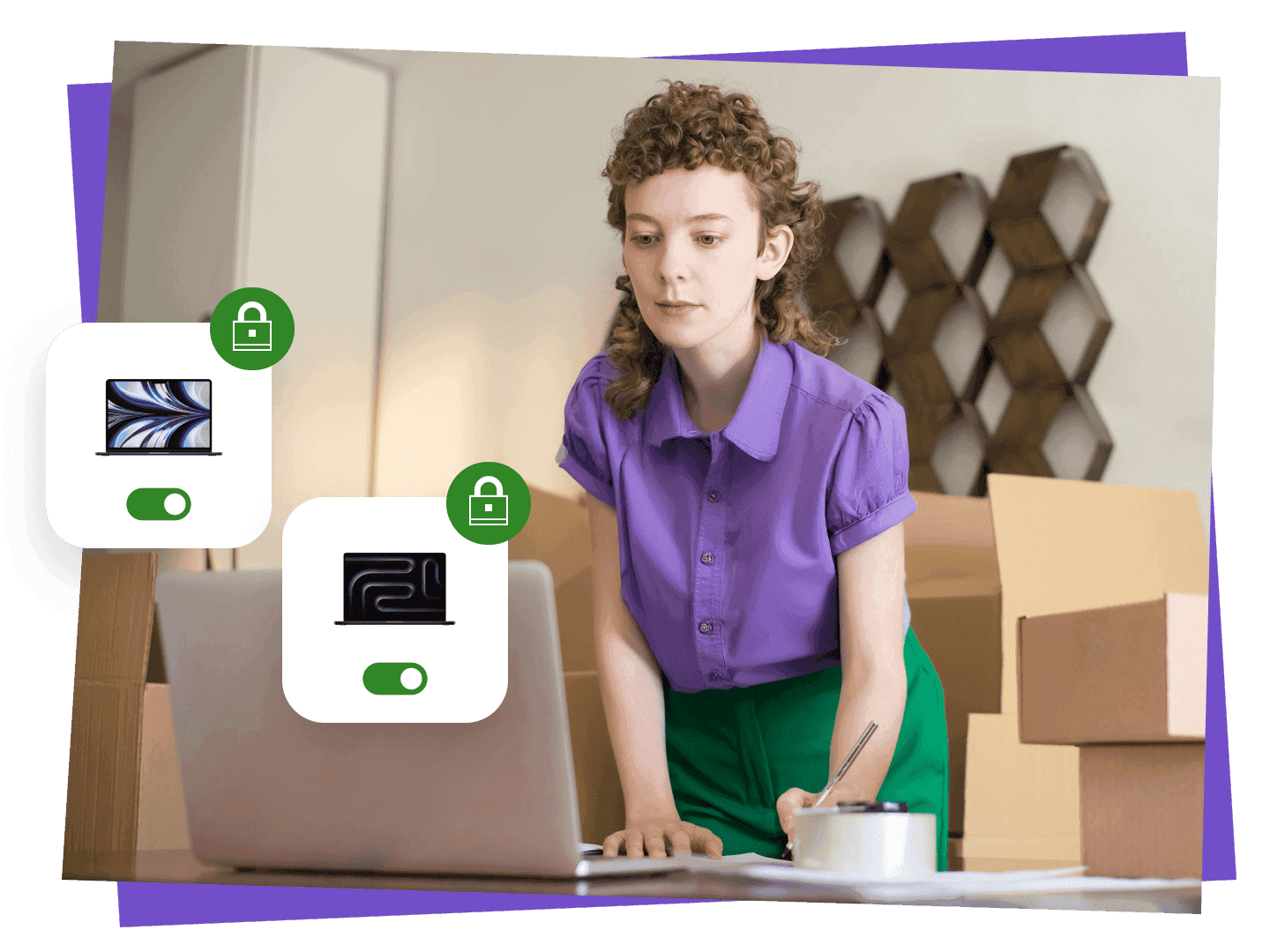 Young professional using a laptop surrounded by shipping boxes, with visual icons representing secure endpoint protection for company devices.