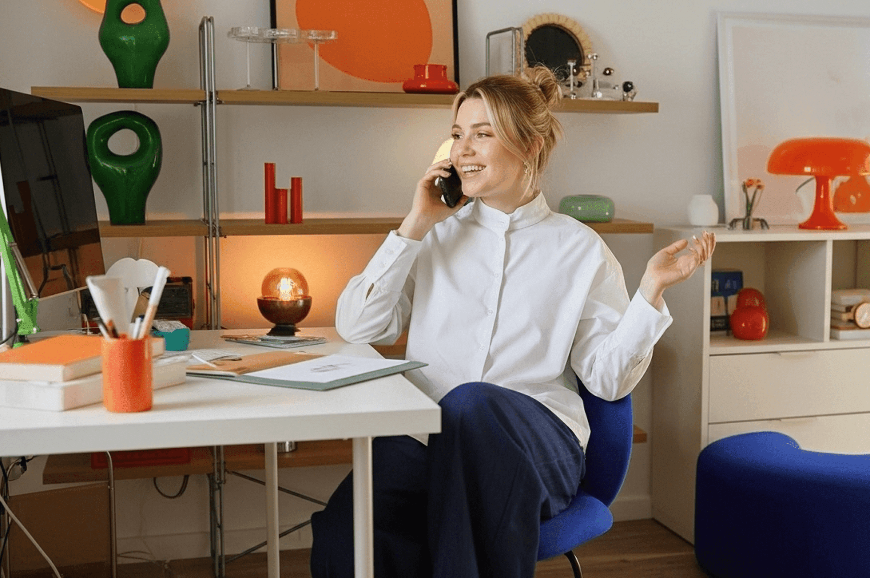 happy, home office, mobile phone 1
