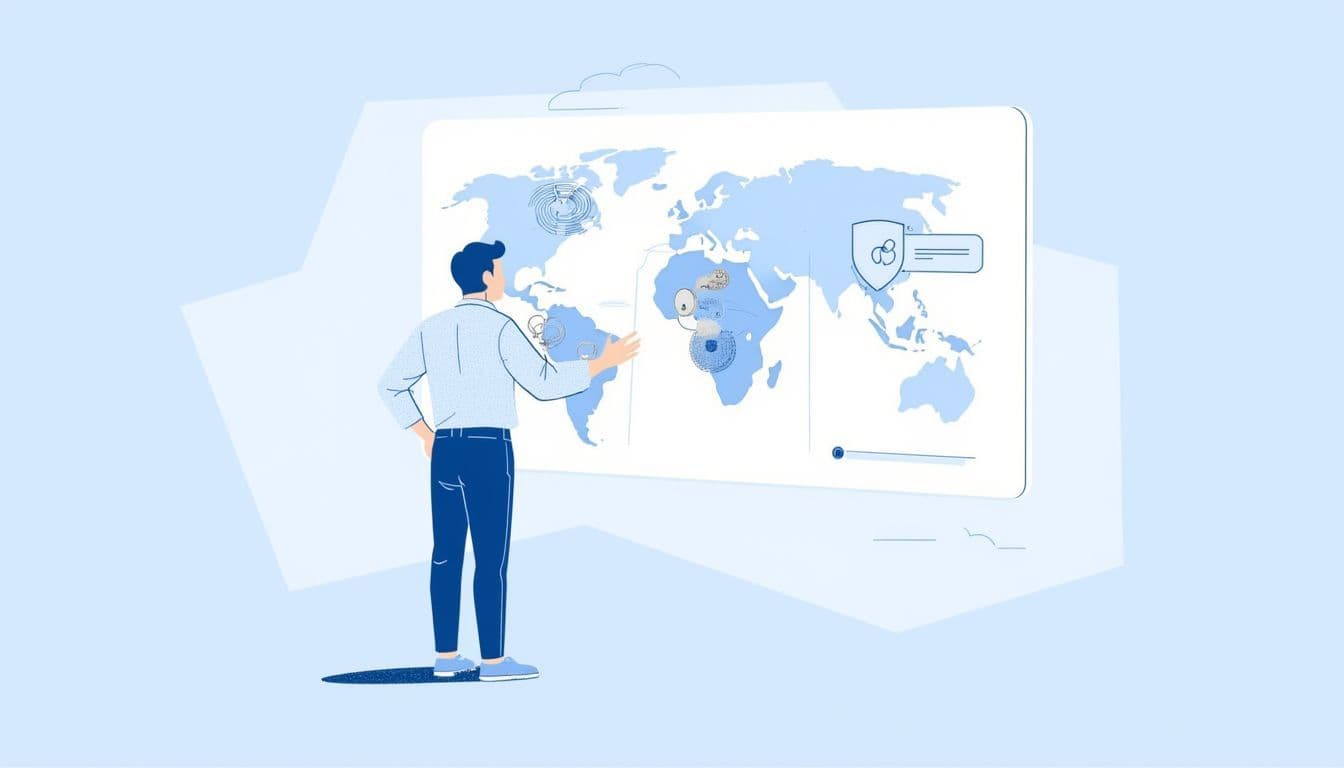 Hero image: IT leader reviewing a global payroll migration project dashboard with world map, integrations, and security shields, clean modern style, blue accents