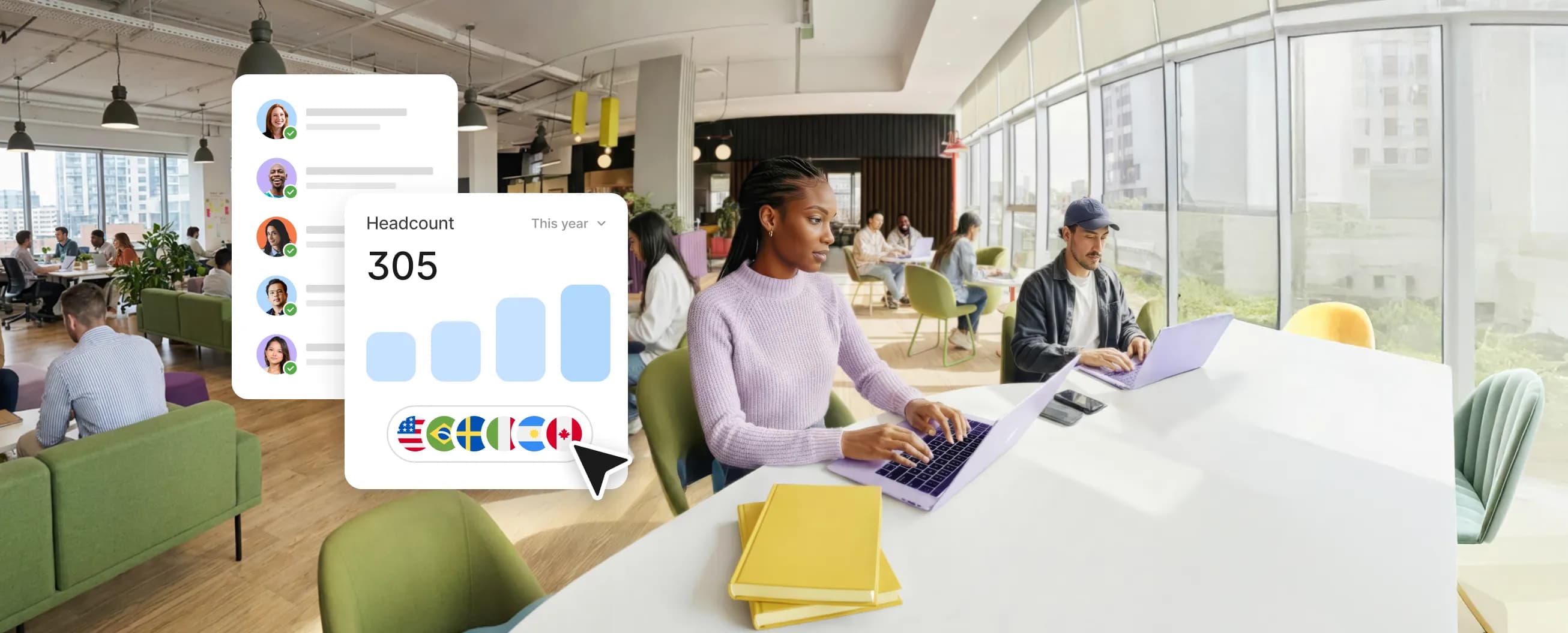 A split-view image showing professionals working in a modern, sunlit open-plan office, overlaid with HR software dashboard elements including a headcount chart, global flags, and an employee directory.