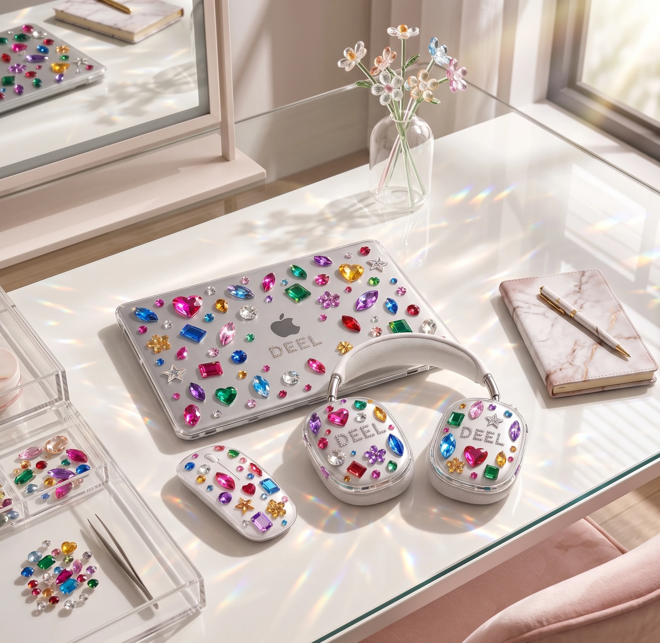 Bedazzled MacBook cover, AirPods Max 2 covers, and wireless mouse on a sunlit desk