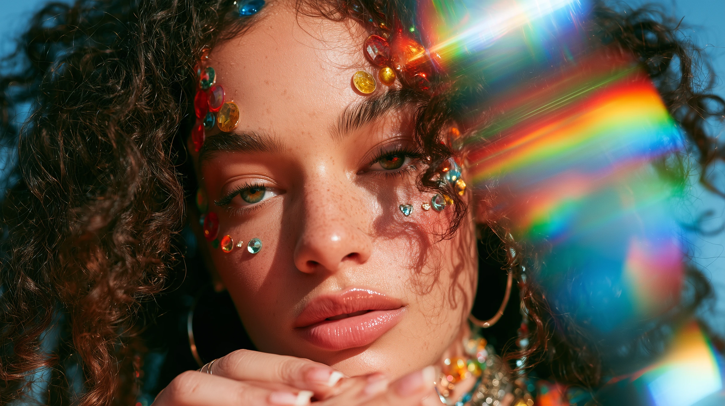 Portrait with colorful gems and rainbow light