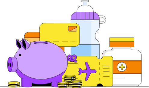 Icono de alcancia, monedas, pastillas, agua, tarjeta y tiquete de avion para representar la salud púbblica