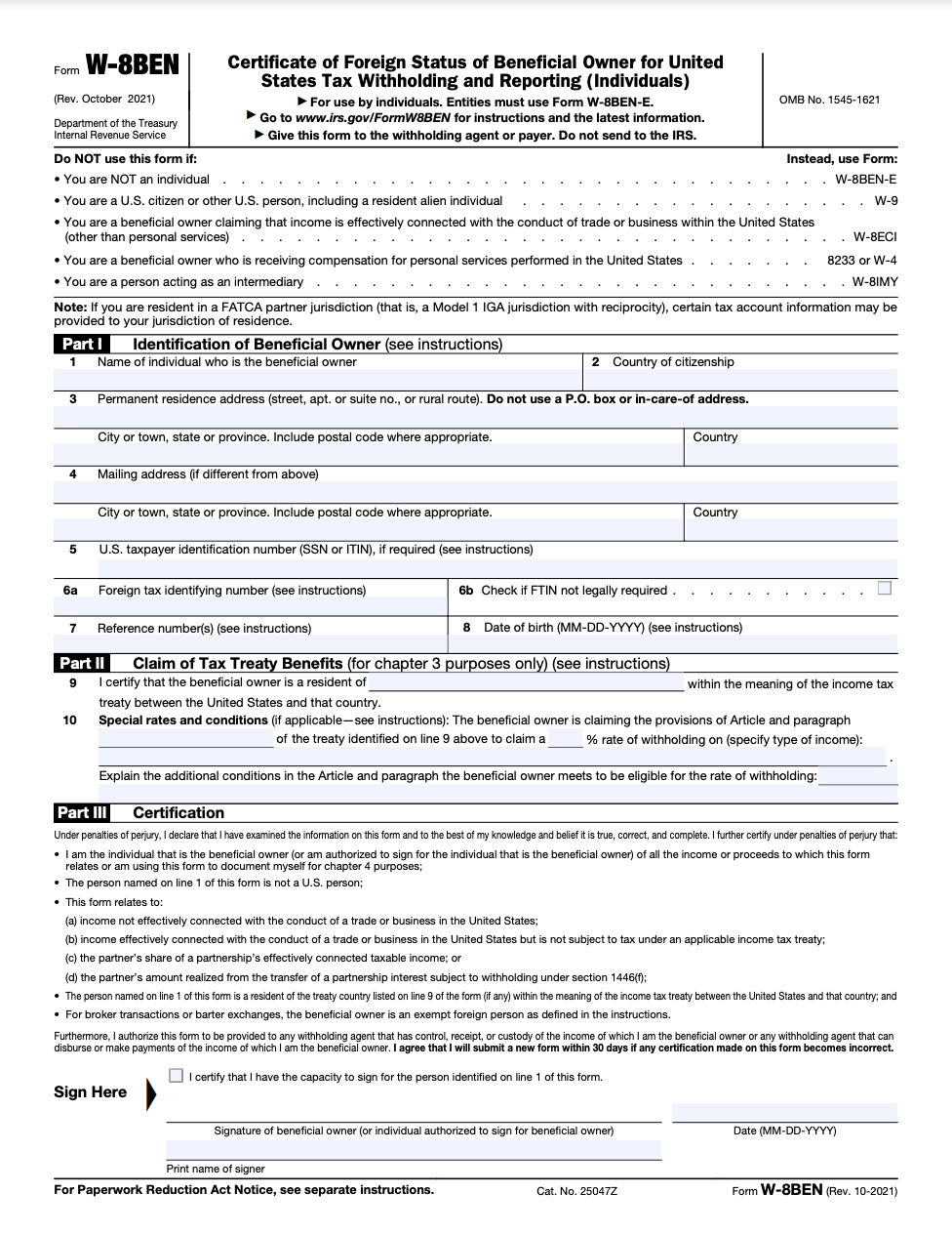 IRS W8BEN form