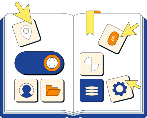 Icono de libro con otros iconos de dinero, configuracionm, planeta, carpeta, usuario, ubicacion y cursor