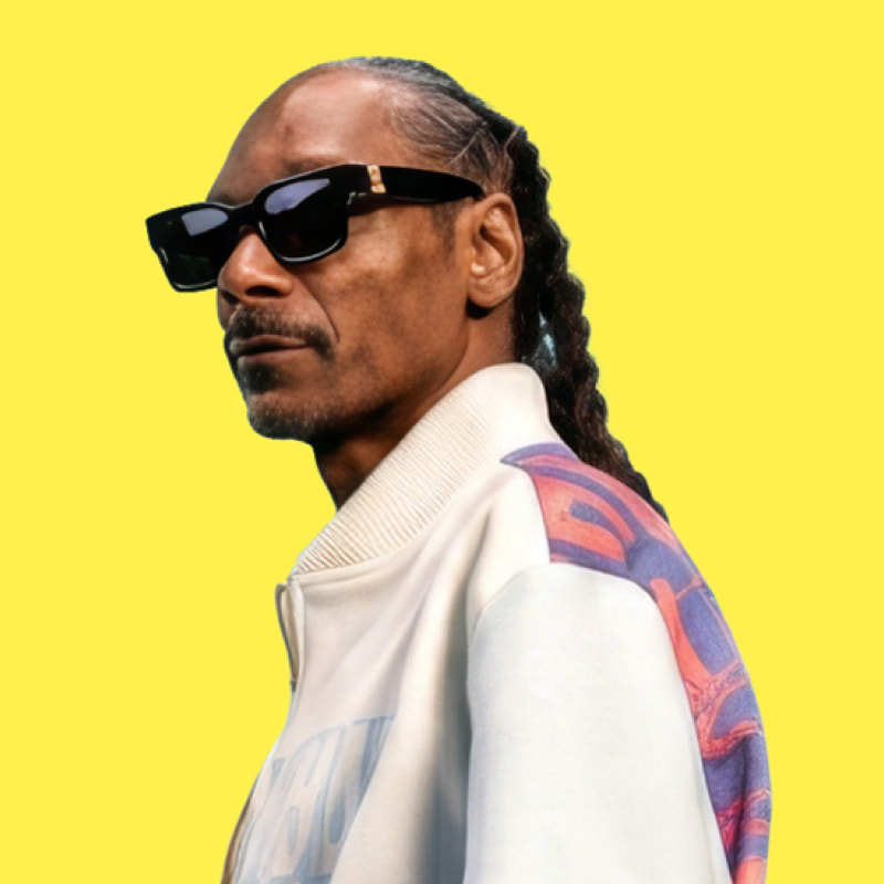 Snoop Dogg headshot on yellow backdrop.